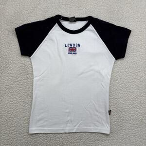 Vintage Y2K London England Flag Sporty Baby‎ Tee Raglan T-Shirt Womens Top GWCC